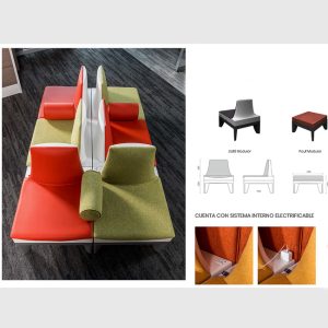 Sofá modular con asientos en colores rojo, verde y gris, con respaldo y sistema interno electrificable.