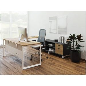 Escritorio ejecutivo Giza de madera clara con silla ergonómica y mueble de almacenamiento en un entorno interior.